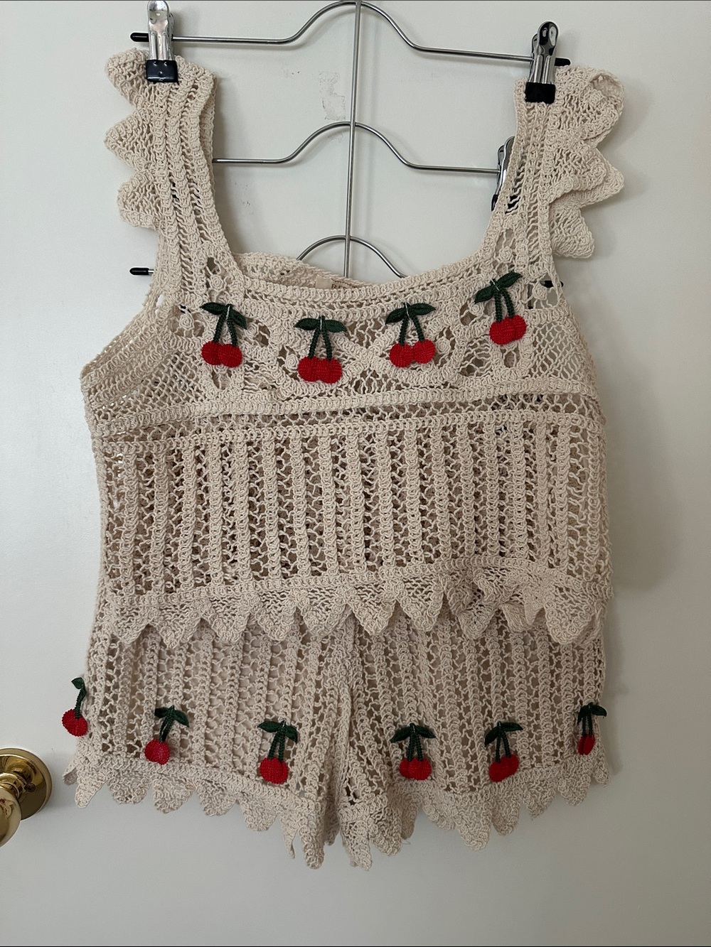 Beige Crochet Cherry-Accent Women's Shorts Romper